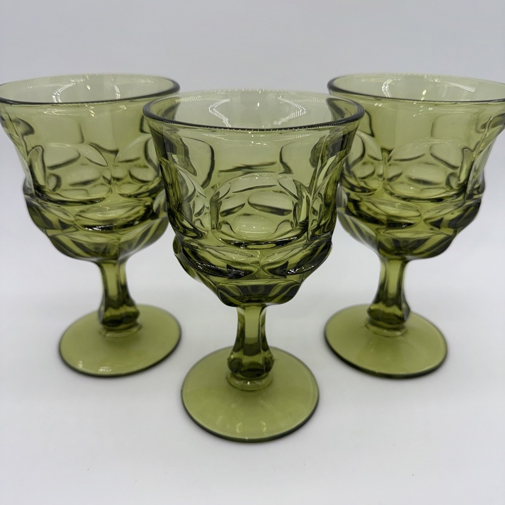 Fostoria Argus Green 6 1/2"โ Tall Water Wine Goblets (3) w/Stem Vintage 1970s
